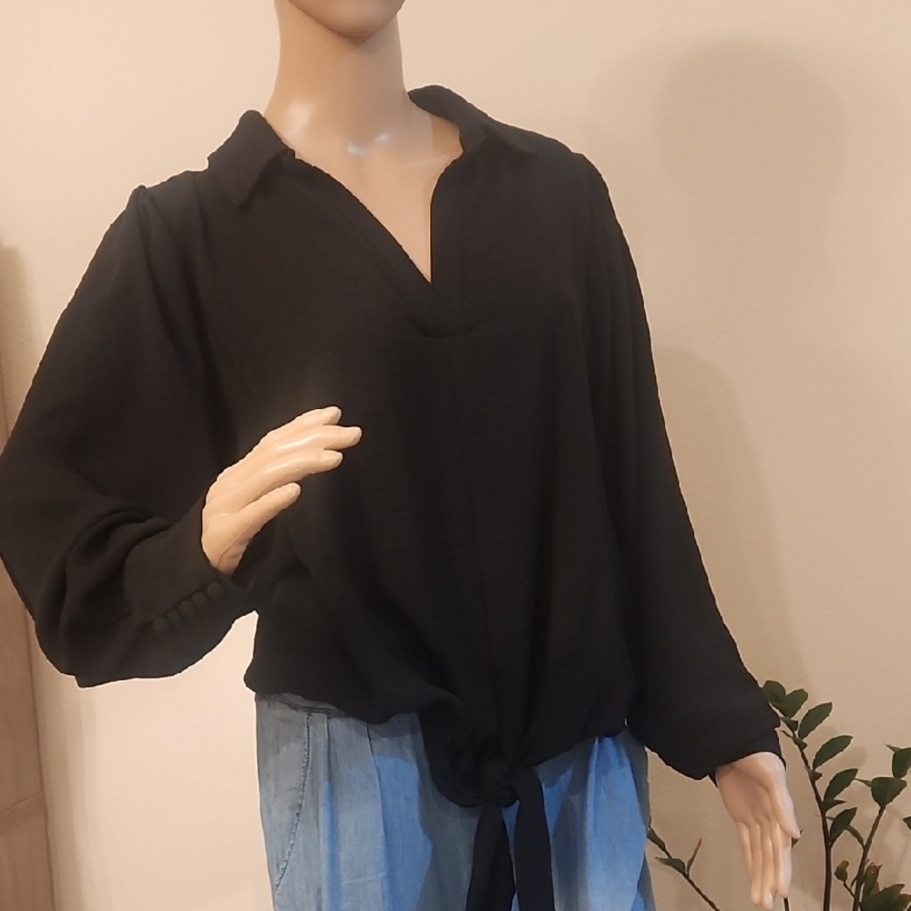 Vince Camuto Black Tie Front Blouse with Notched Collar